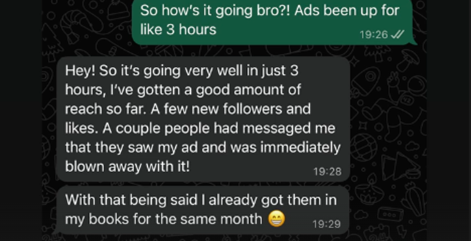 Message from Jonathan three hours after his ad went live: bookings already on the calendar
