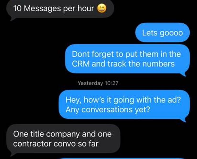 Messages from Vanessa in week one: ten messages per hour and new business conversations